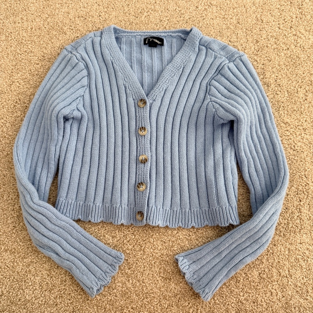 Art Class Cardigan Kids Size L 10/12 Blue Ribbed Cropped Button Front Sweater